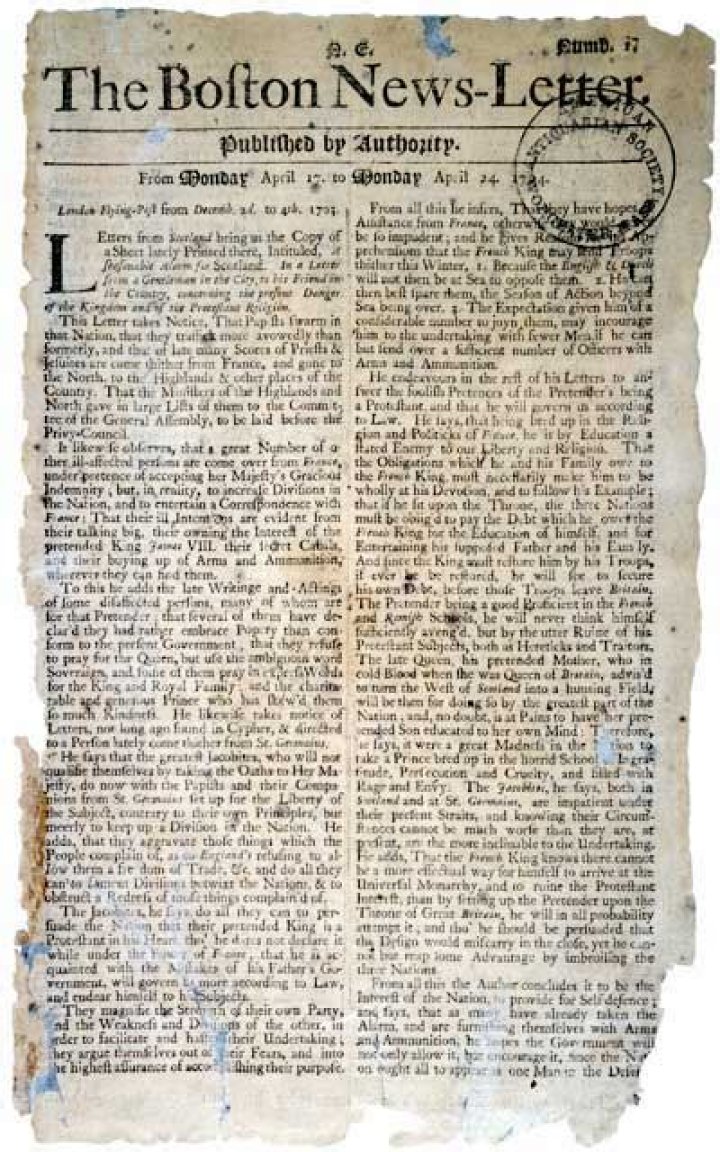 When was the first newspaper in the United States was printed?